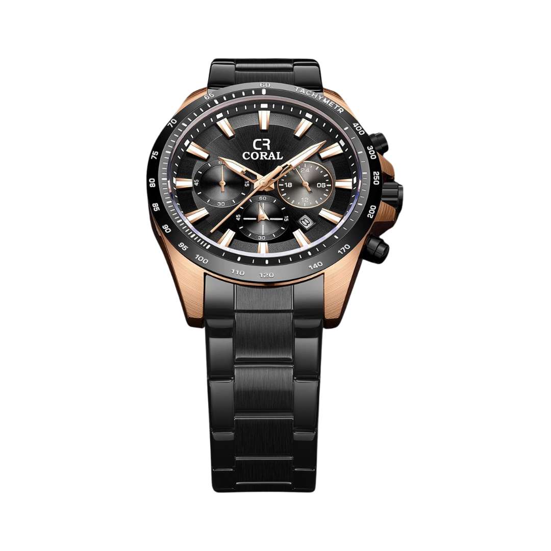 Coral Chronograph Men’s Watch With Date | Stainless Steel | Black RoseGold