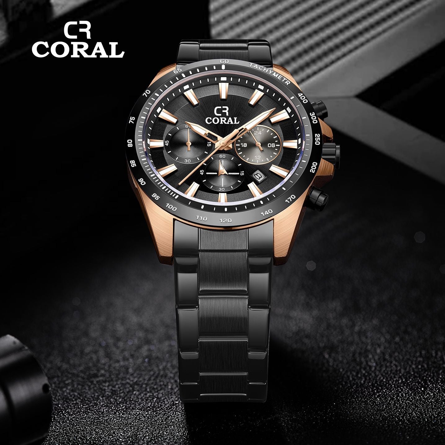 Coral Chronograph Men’s Watch With Date | Stainless Steel | Black RoseGold